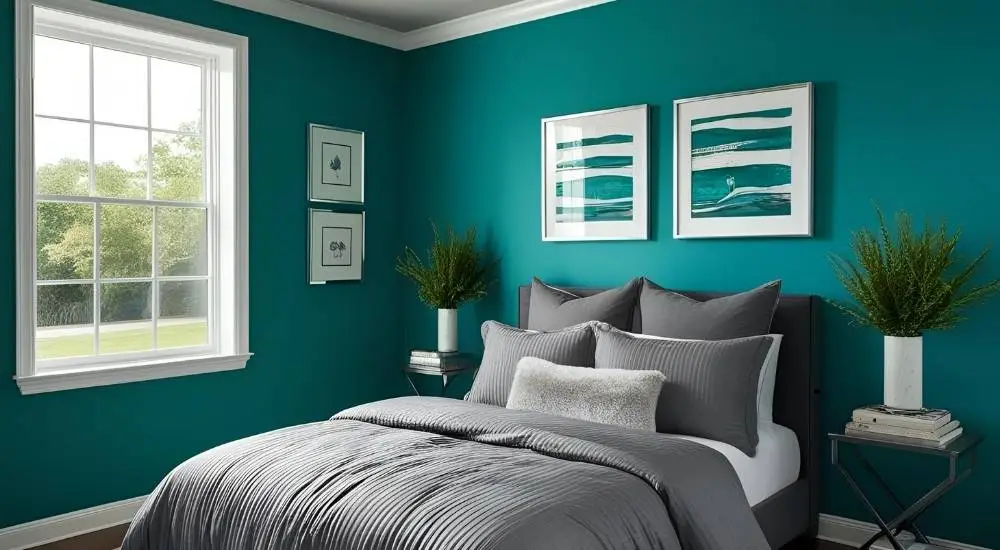 Deep Teal Walls With Gray Bedding