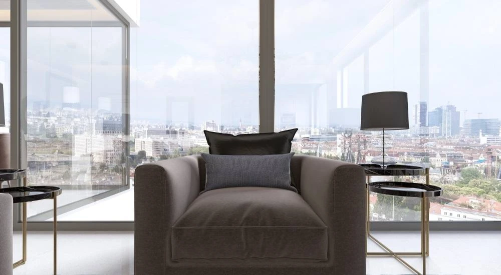 Upholstered Cream Chair + Black Metal Floor Lamp