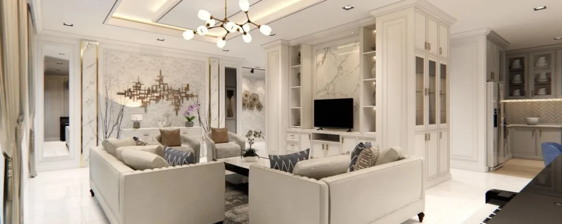 Elegant modern living room with cream-toned sofas, marble accents, and ambient lighting.