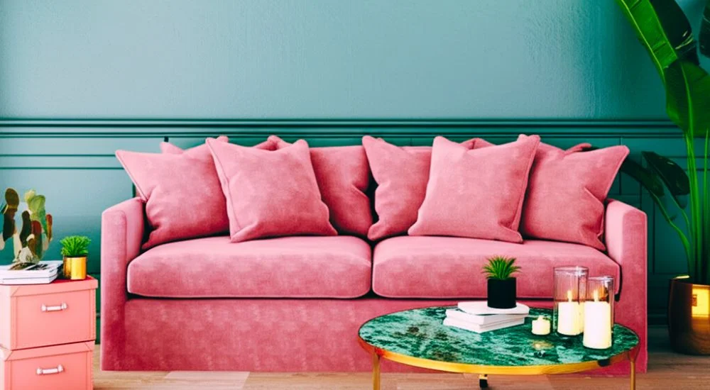 Sage green walls with blush pink sofas