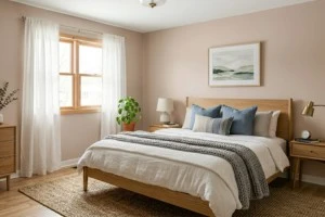 Blush beige bedroom paint color paired with light oak furniture in a cozy small bedroom