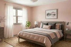 Blush pink and gray bedroom color palette inspired by modern Japanese interior design