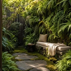 Fern grotto outdoor reading nook featuring vertical garden wall, stone bench, moss ground cover, and biophilic garden design
