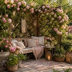 Cottagecore outdoor reading nook with rose trellis, wooden bench, boho decor, and flowering garden pathway