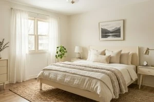 Creamy off-white small bedroom with ivory furniture maximizing brightness and visual space