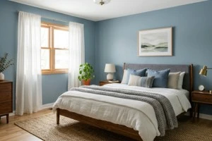 Dusty blue small bedroom color scheme with gray upholstery and layered textures for a relaxing space