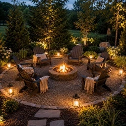 Fire pit seating circle outdoor reading nook with Adirondack chairs, gravel patio, and cozy backyard gathering area
