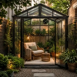 Glass-enclosed greenhouse reading nook with rattan chair, weatherproof cushions, and year-round outdoor reading retreat