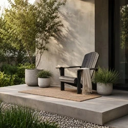 Minimalist concrete platform outdoor reading nook with Adirondack chair, potted plants, and modern landscape design