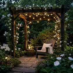 Moon garden pergola outdoor reading nook with weatherproof Adirondack chair, jasmine vines, string lights, and cozy backyard reading space
