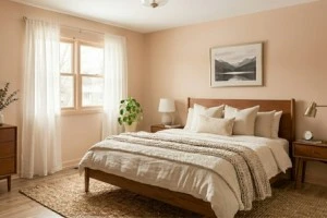 Pale terracotta bedroom walls with cinnamon wood furniture creating a warm and inviting retreat