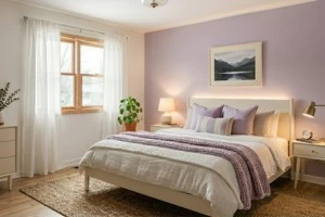 Powder lavender bedroom design with ivory furniture and soft lighting for a dreamy atmosphere