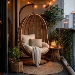 Rattan cocoon chair outdoor reading nook on balcony with outdoor rug, side table, and ambient string lights