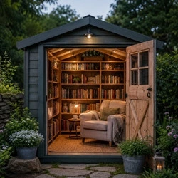 Repurposed shed library transformed into outdoor reading nook with bookshelves, insulated walls, and comfortable reading chair