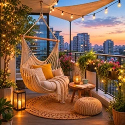 Rooftop hammock balcony reading nook with solar lanterns, railing planters, weatherproof cushions, and city views