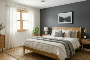 Small bedroom with charcoal accent wall and light paint colors creating visual depth and openness