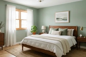 Soft sage green bedroom walls with walnut furniture creating a calm and spacious small bedroom