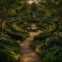 Immersive plant-ring outdoor reading nook surrounded by circular planters, evergreen shrubs, and nature-inspired reading sanctuary