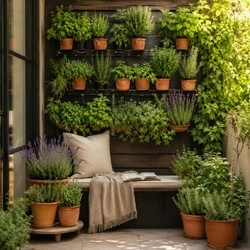Vertical herb garden reading nook with lavender, thyme, bench seating, clay pots, and small patio garden design