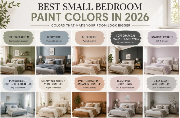 Best small bedroom paint colors in 2026 including sage green dusty blue blush beige and misty gray