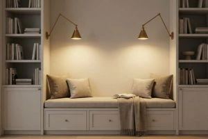 Cozy built-in reading nook featuring a cushioned bench between two white bookcases, illuminated by two warm brass swing-arm wall sconces.
