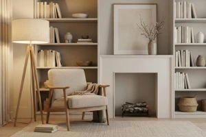 Elegant living room reading space featuring a wooden tripod floor lamp, a beige armchair, and a decorative fireplace flanked by built-in bookshelves.
