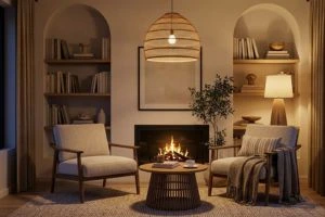 Cozy living area featuring two armchairs by a lit fireplace, illuminated by a woven rattan pendant light and a table lamp inside an arched bookshelf alcove.