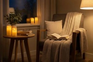 Warm and cozy reading spot featuring a grey armchair draped in a blanket, an open book, and glowing candles on a wooden side table.