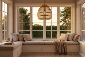 Charming window seat reading nook with a woven rattan pendant light, soft neutral cushions, and a cozy evening glow.