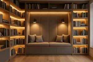 Modern library corner with a built-in reading bench surrounded by bookshelves lit with warm, hidden LED strip lighting.